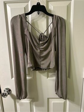 URBAN Romantics Silver-Gray Draped Crop Top with Crisscross Back